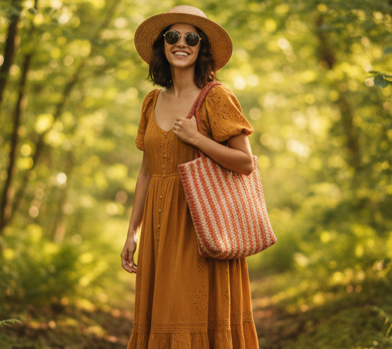 Woman in a yellow dress and hat holding a red and beige tote in a forest