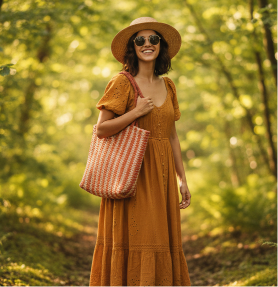 Woman in a yellow dress and hat holding a red and beige tote in a forest