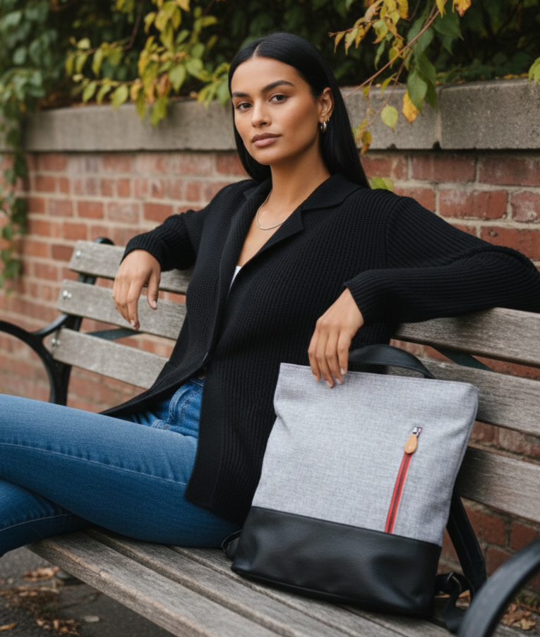 Woman sitting on a bench with a minimalist black and gray convertible backpack tote bag, surrounded by greenery and a brick wall.