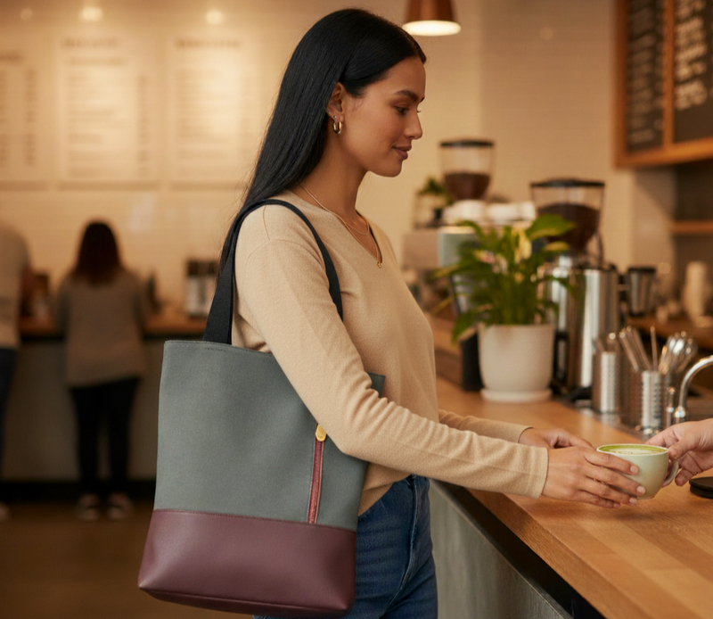 Woman with a two-toned convertible backpack tote bag in a coffee shop