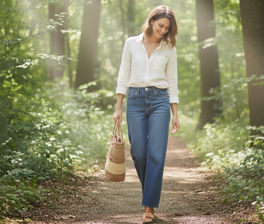 Woman walking through a forest with a woven bag