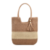 Woven handbag with a tassel on a white background