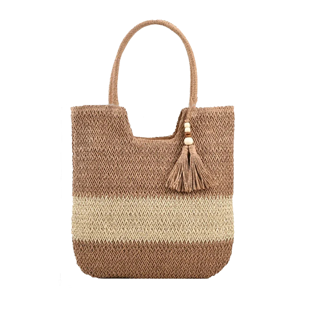 Woven handbag with a tassel on a white background