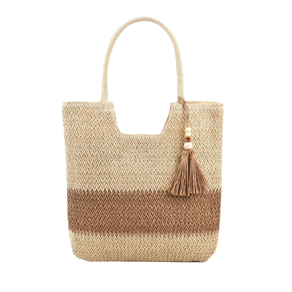 Woven tote with a tassel on a white background
