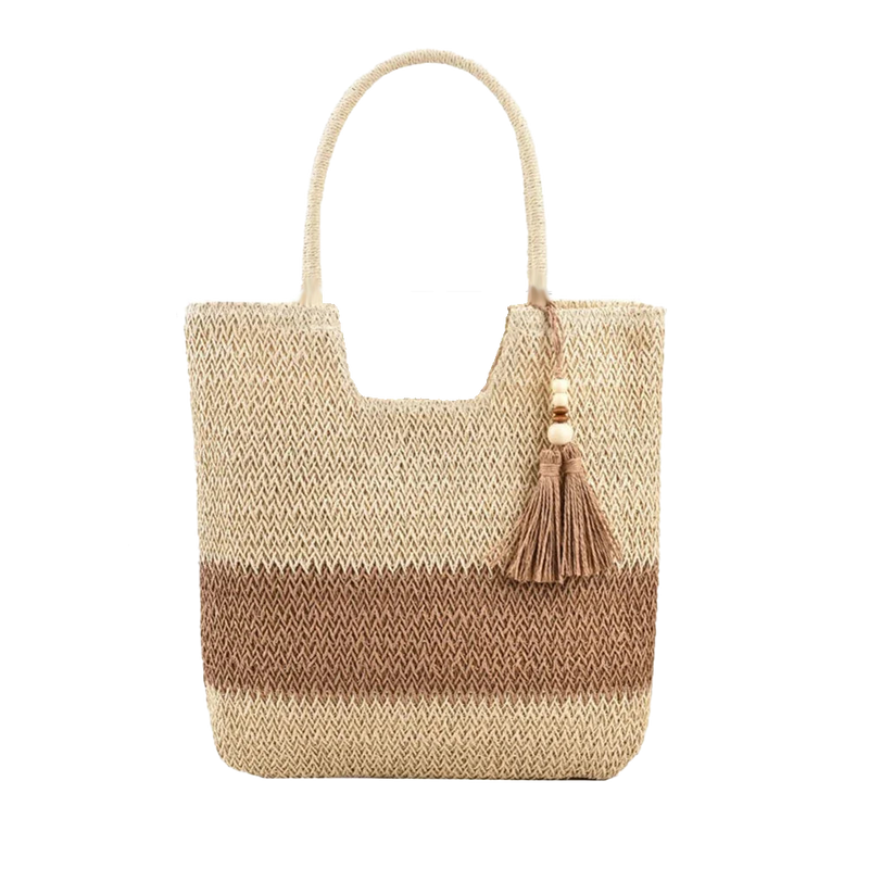 Woven tote with a tassel on a white background