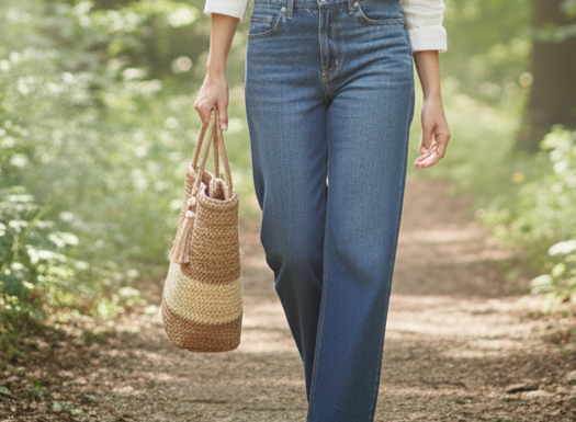 Woman walking through a forest with a woven tote