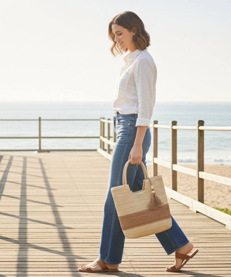 Woman walking on a wooden boardwalk by the beach with a woven handbag.
