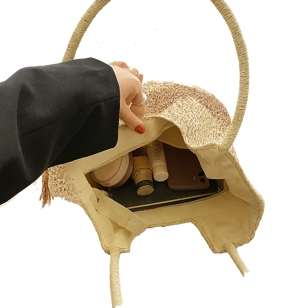 Hand opening a tan woven tote with cosmetic items on a white background