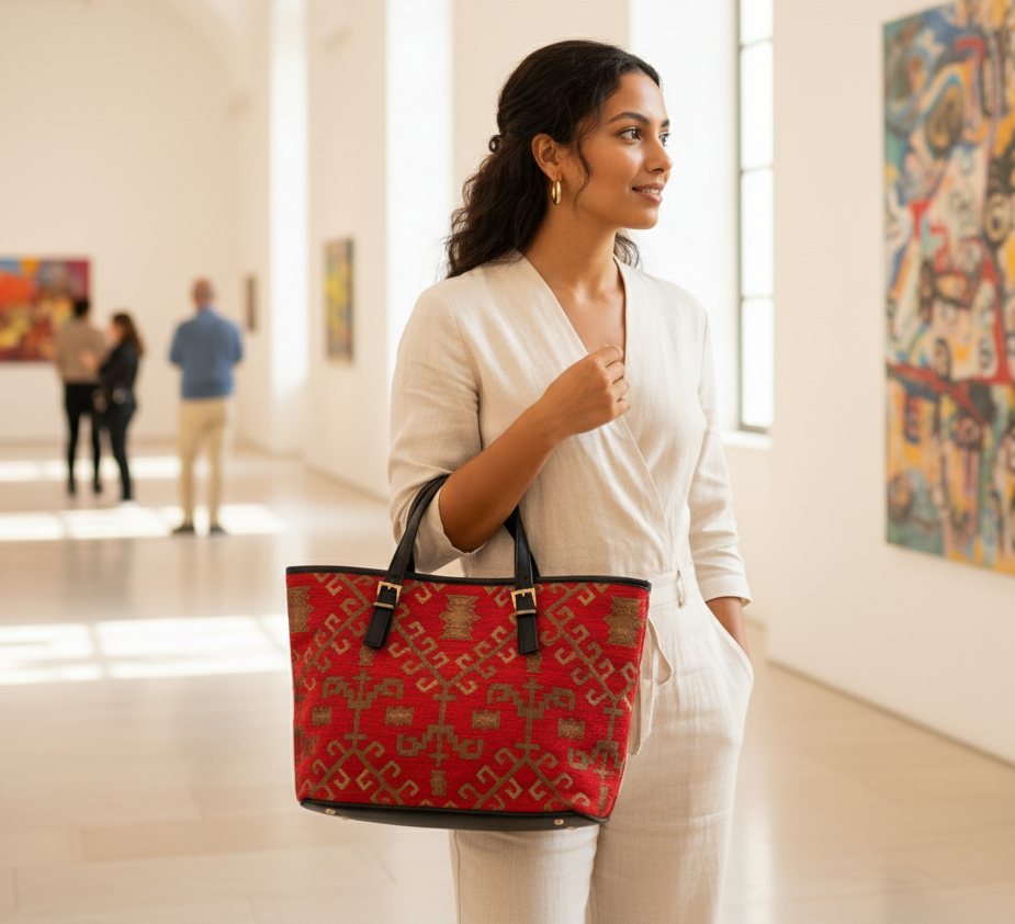 Woman holding a red patterned bag in an art gallery