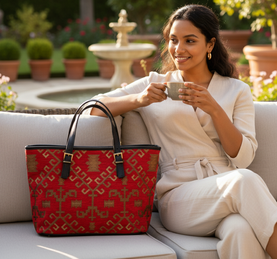 Woman sitting on a couch with a red woven patterned tote and a cup of coffee, surrounded by greenery.