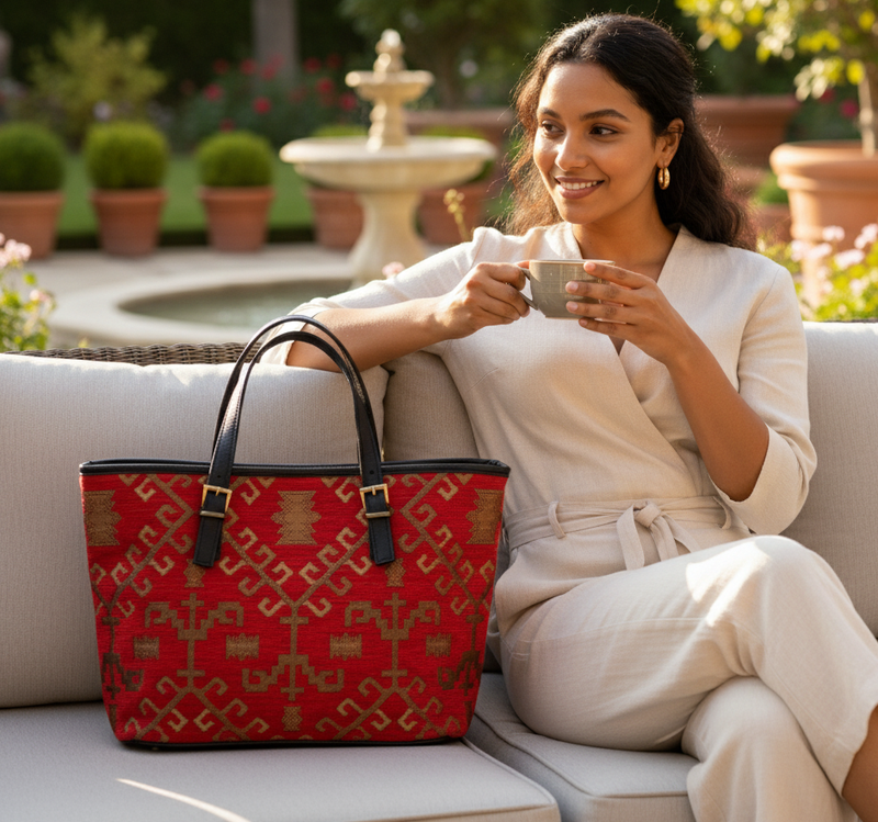 Woman sitting on a couch with a red woven patterned tote and a cup of coffee, surrounded by greenery.