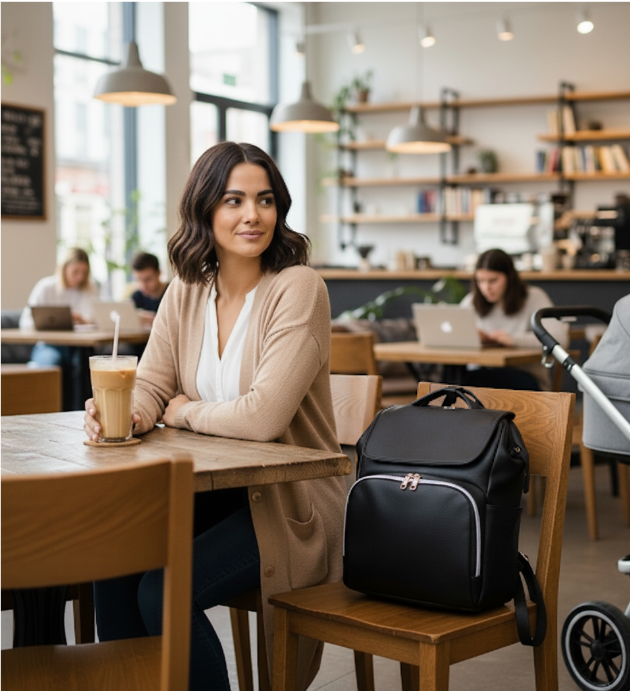 Woman sitting at a table in a cafe with a black backpack next to her