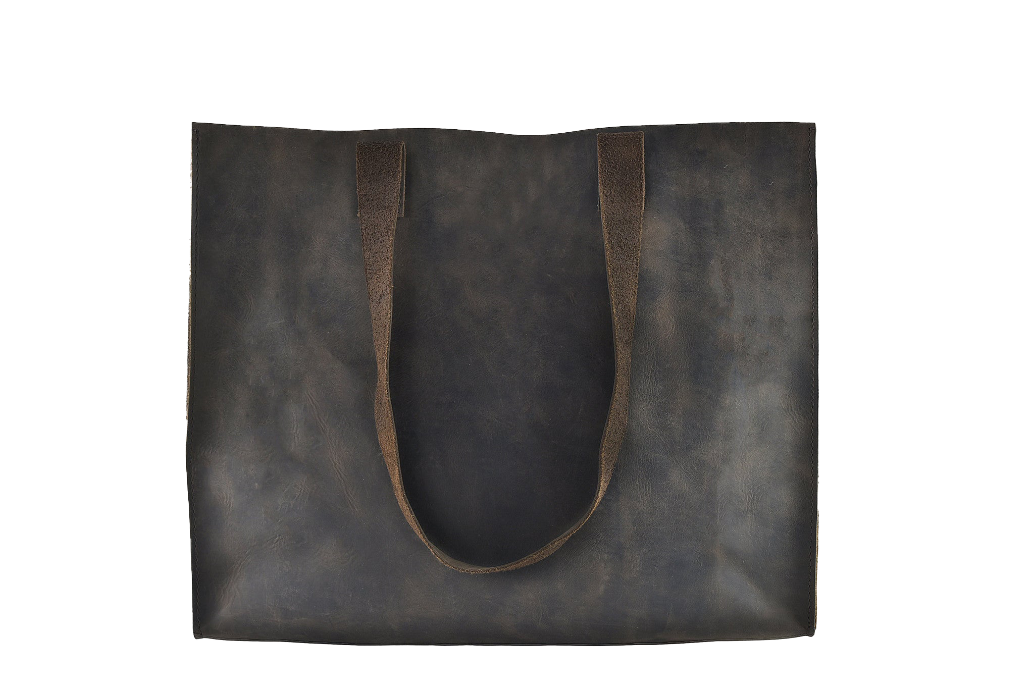 Dark brown leather tote bag on a white background