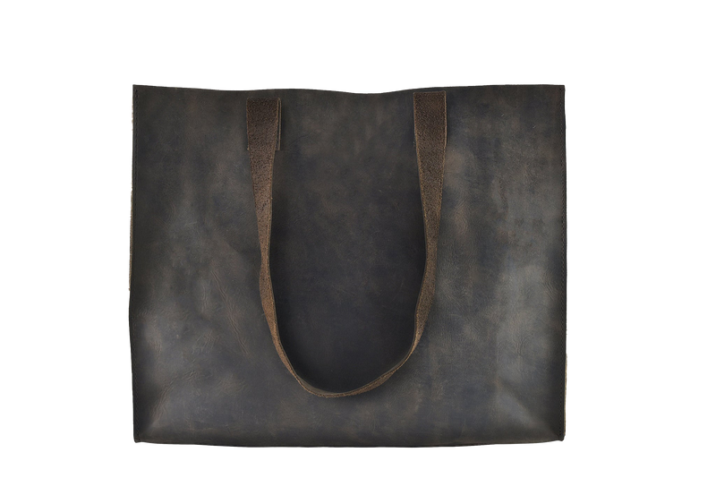 Dark brown leather tote bag on a white background