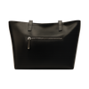 Black leather tote bag with a zipper on a white background