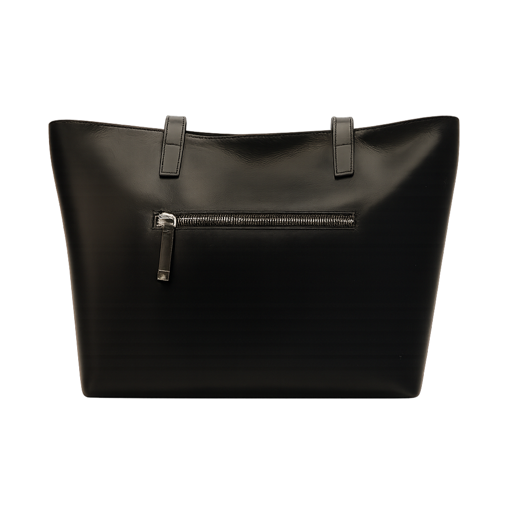 Black leather tote bag with a zipper on a white background