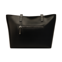 Black leather tote bag with a zipper on a white background