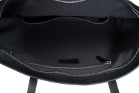 Close-up of a black backpack with visible zippers on a white background