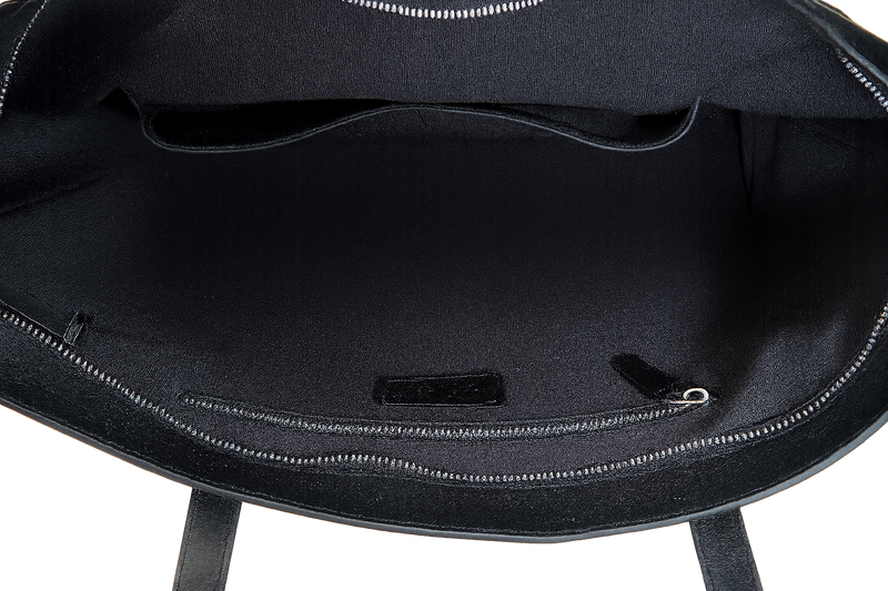 Close-up of a black backpack with visible zippers on a white background
