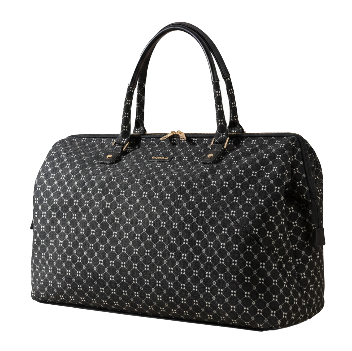 Black patterned handbag on a white background