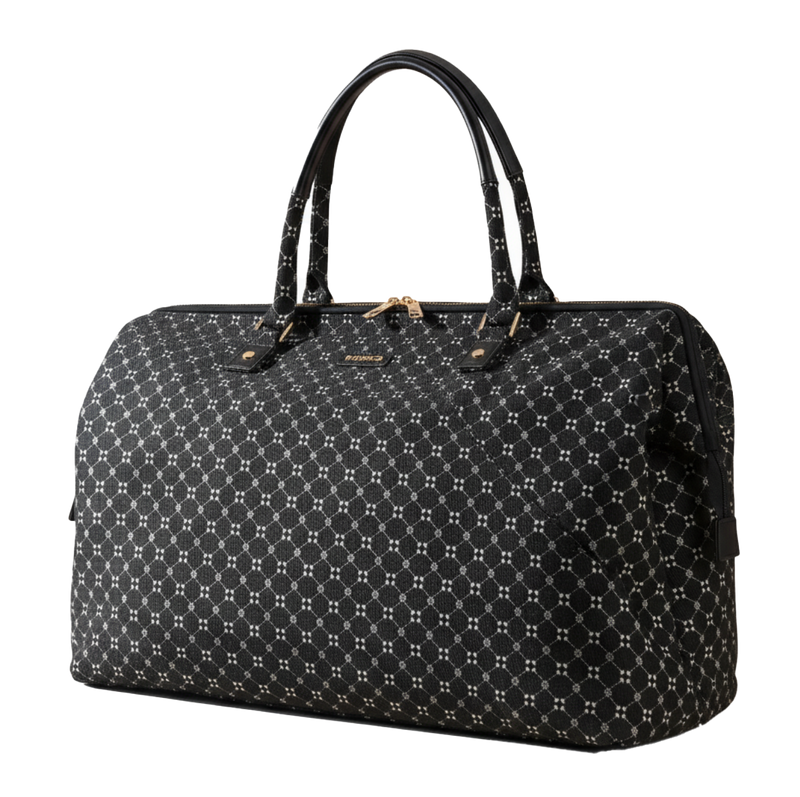 Black patterned handbag on a white background