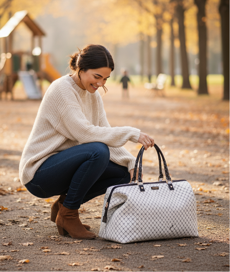 Woman in a park holding a white handbag