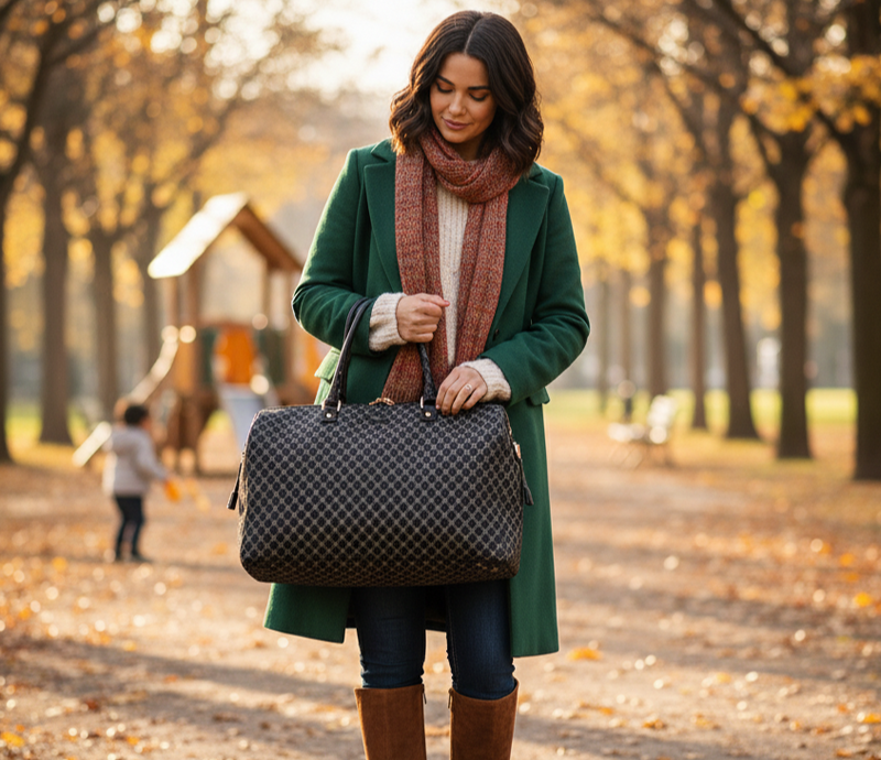 Woman in a green coat holding a black handbag in an autumn park.