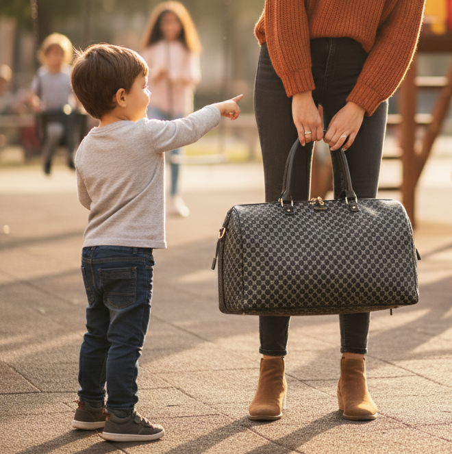 Child reaching out to a person holding a patterned handbag on a sidewalk.