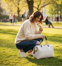 Woman in a park with a black and white diaper bag tote