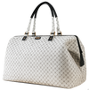 White quilted handbag with black handles and trim on a white background