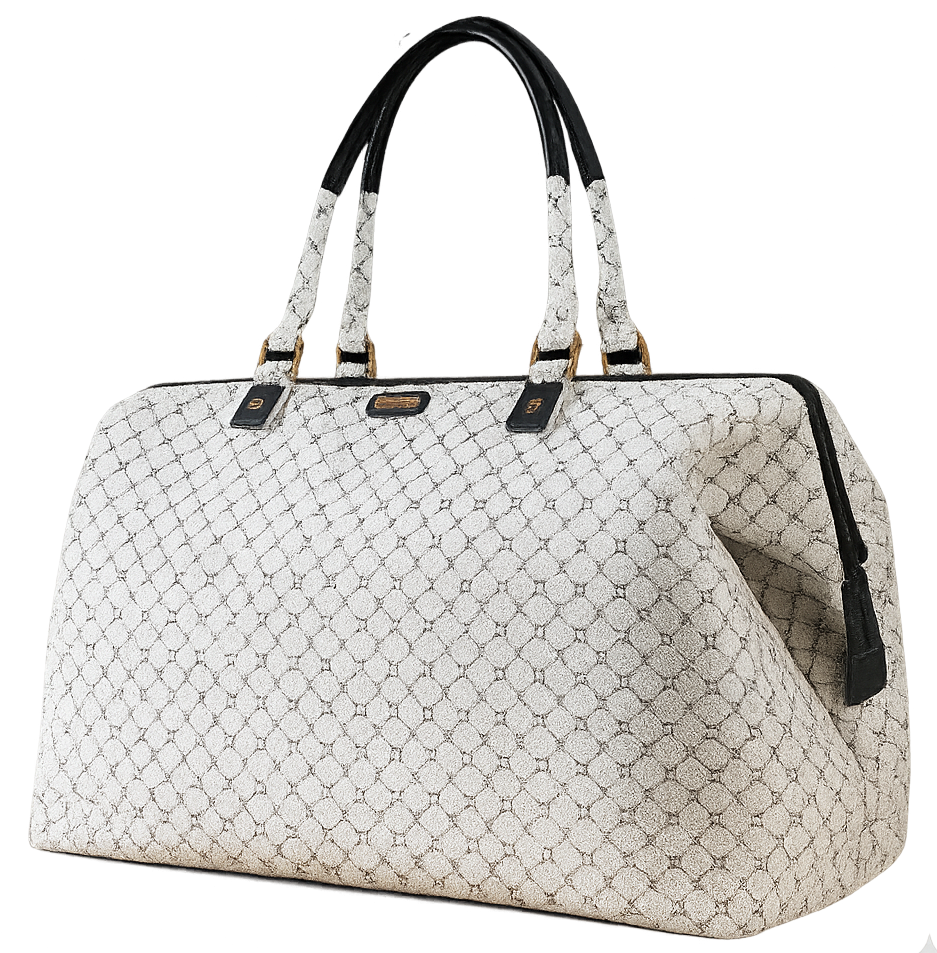 White quilted handbag with black handles and trim on a white background