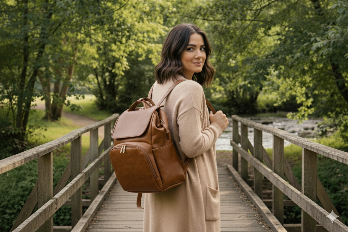 Woman with a brown leather backpack walking on a wooden bridge in a natural setting.