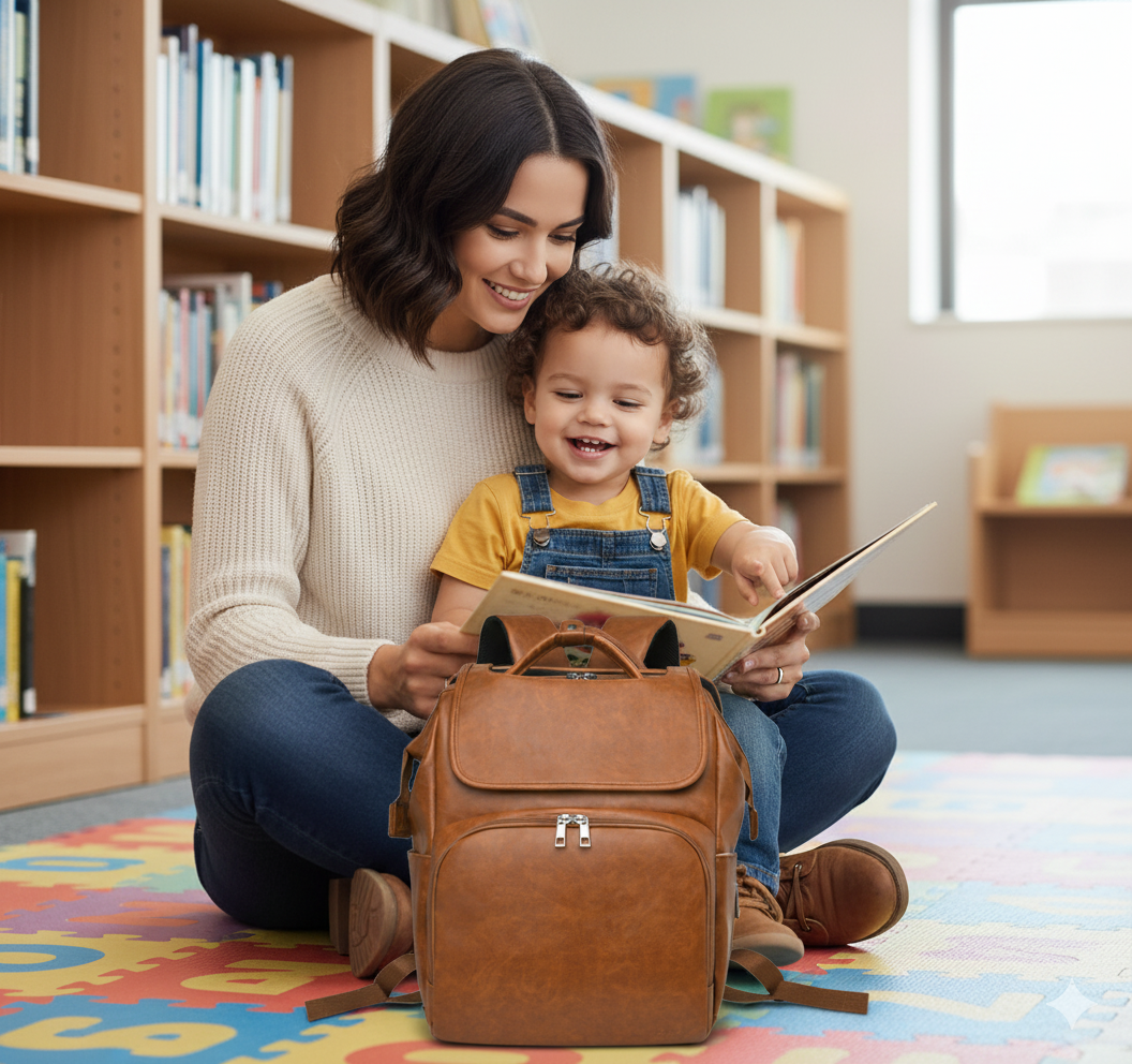 Woman and child reading a book in a library setting with a brown backpack.