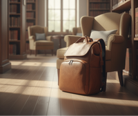 Brown leather backpack on a wooden floor with bookshelves and chairs in the background.
