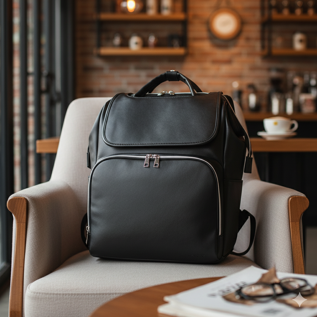 Black backpack on a chair in a cozy room with shelves and a table.