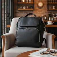 Black backpack on a chair in a cozy room with shelves and a table.
