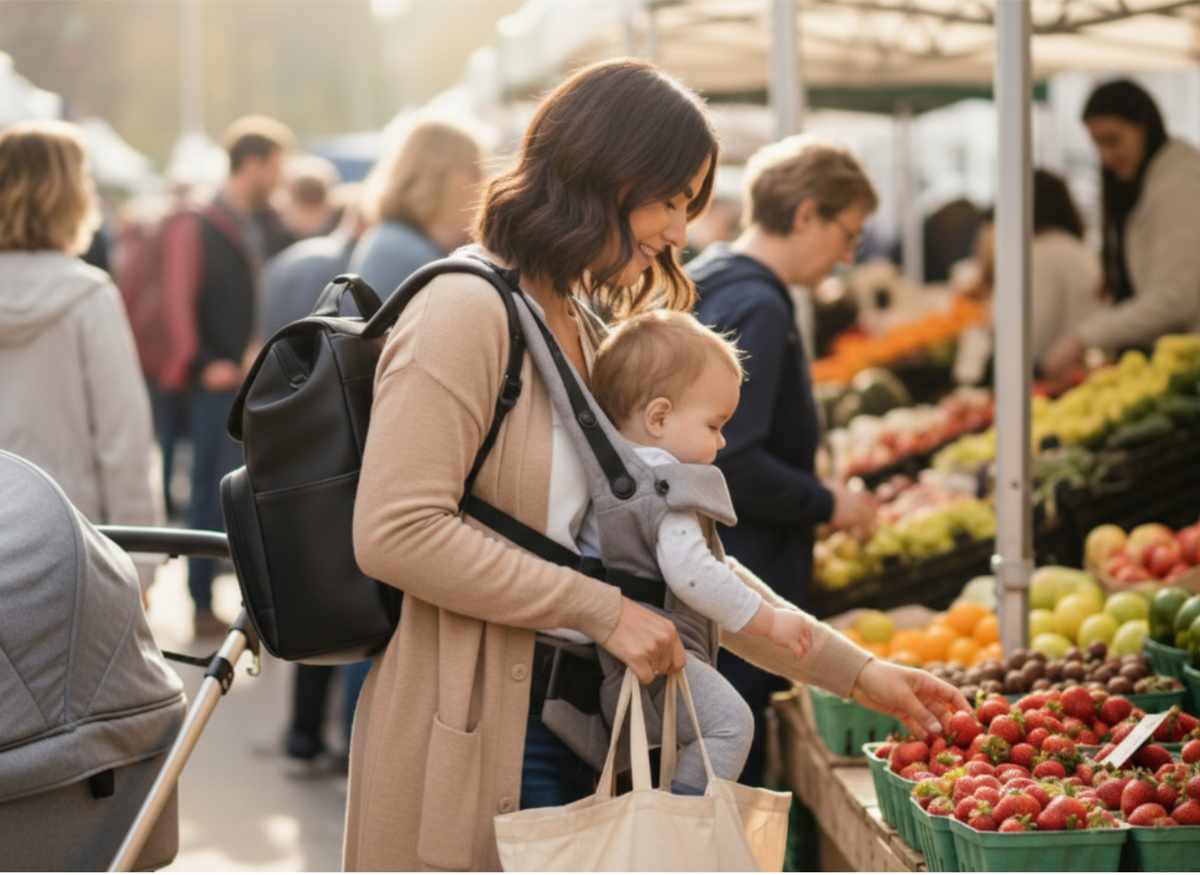 Woman with a baby in a carrier shopping at an outdoor market.
