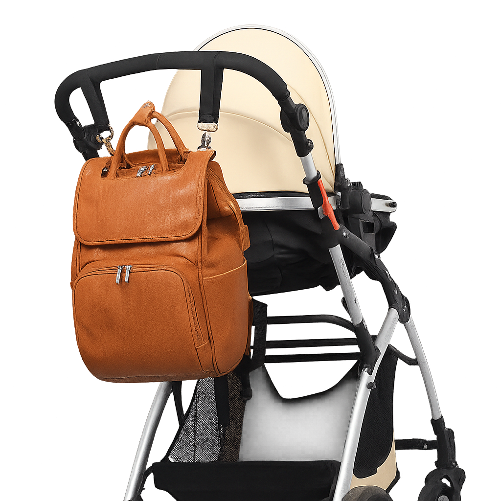 Brown leather backpack attached to a baby stroller on a white background