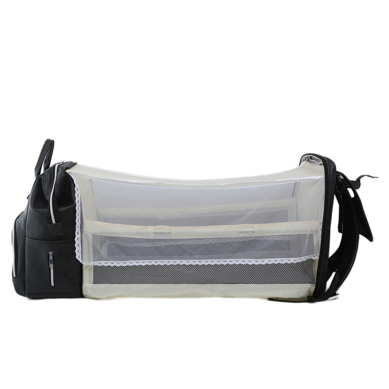 Black and beige travel bag with mesh side on a white background.