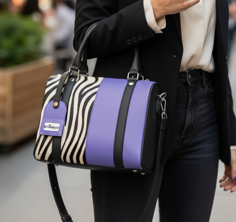 Stylish tote with zebra pattern and purple accents on a white background