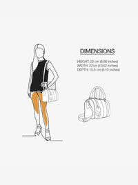 Illustration of a person with totes and product dimensions on a white background