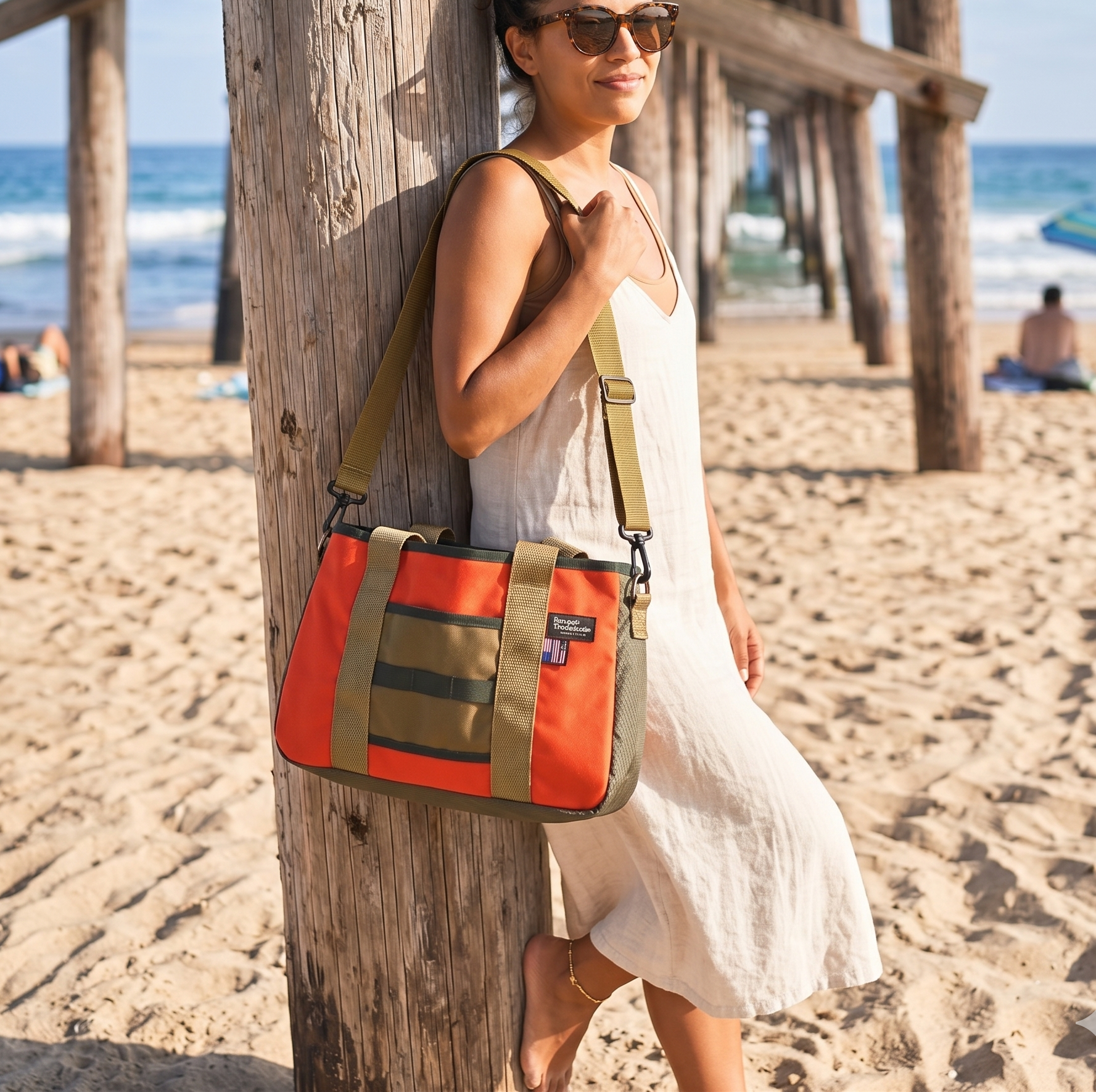 A woman at the beach with an orange tote