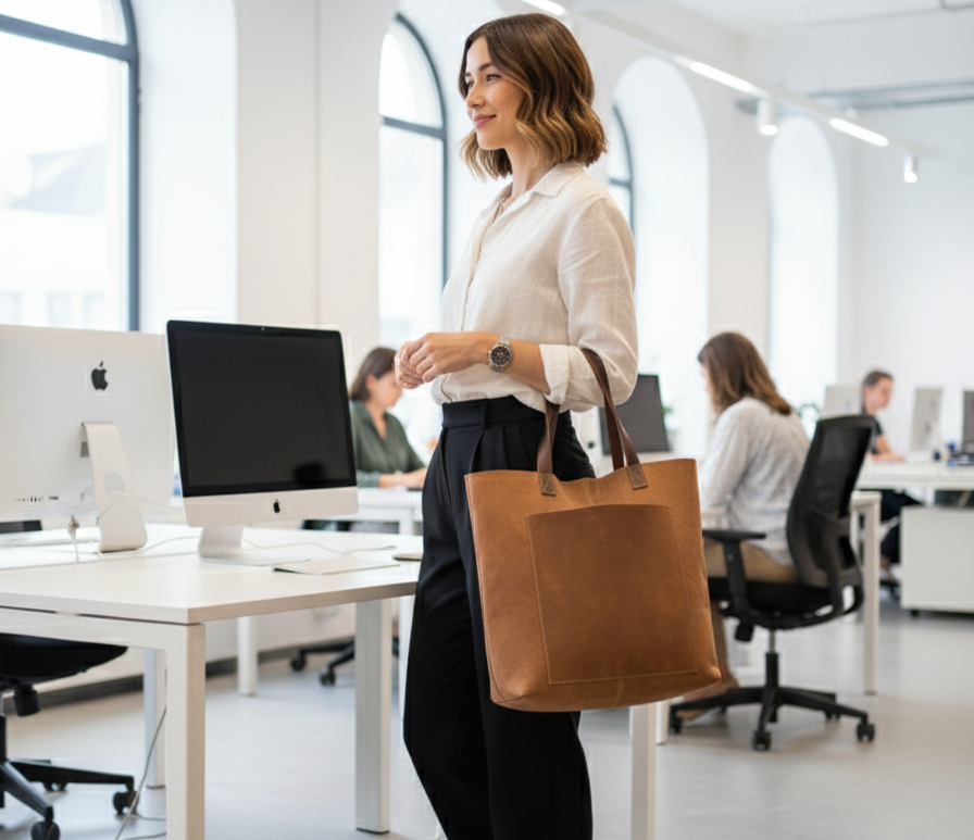 Woman in an office setting holding a brown tote bag