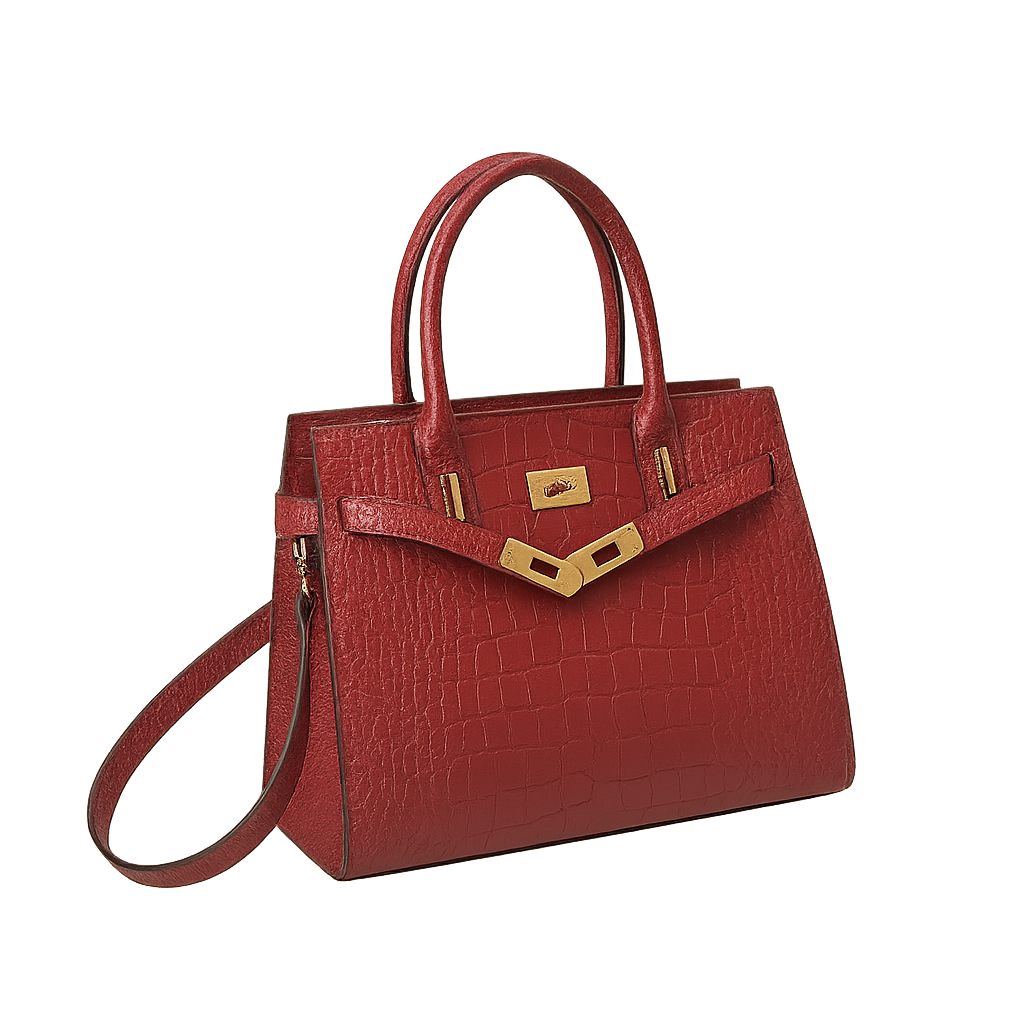 Burgundy croc tote handbag with gold accents on a white background