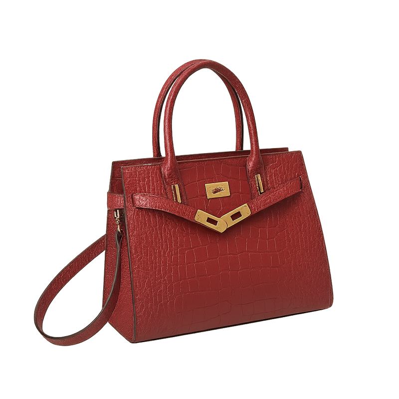 Burgundy croc tote handbag with gold accents on a white background
