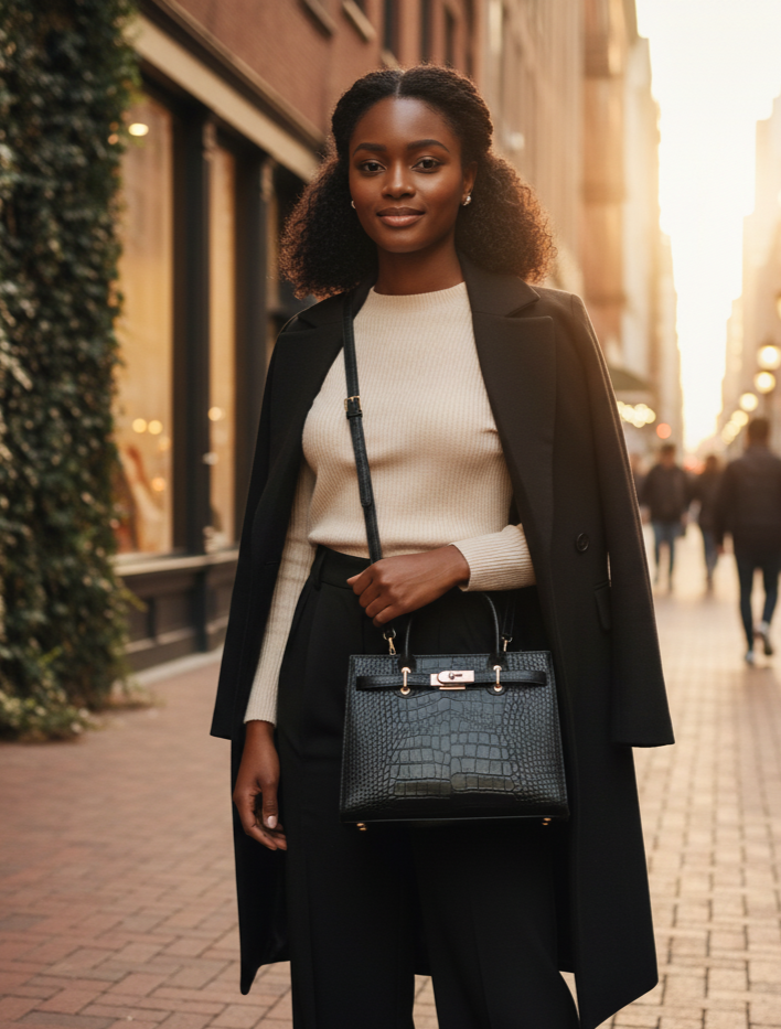Woman holding a black leather croc tote handbag on a city street