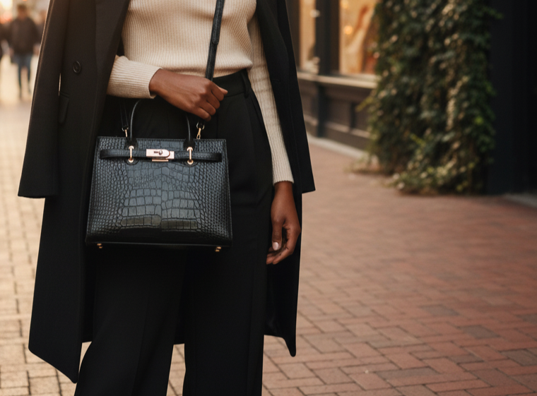 Woman holding a black tote handbag on a city street