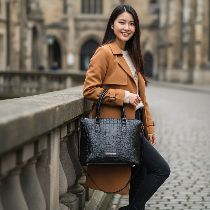 Woman in a brown coat holding a black vegan leather croc tote in an urban setting