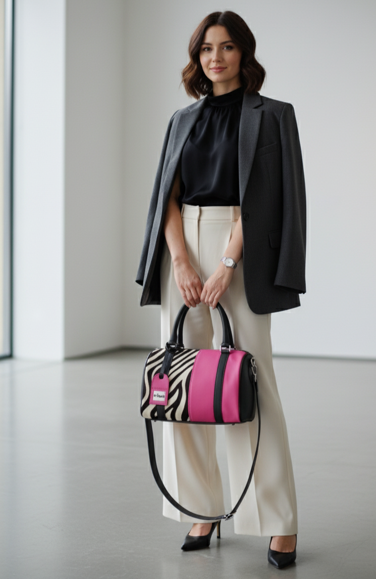 Woman holding a zebra-striped tote with pink accents in an indoor setting
