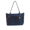 Navy leather tote bag with a gold clasp on a white background
